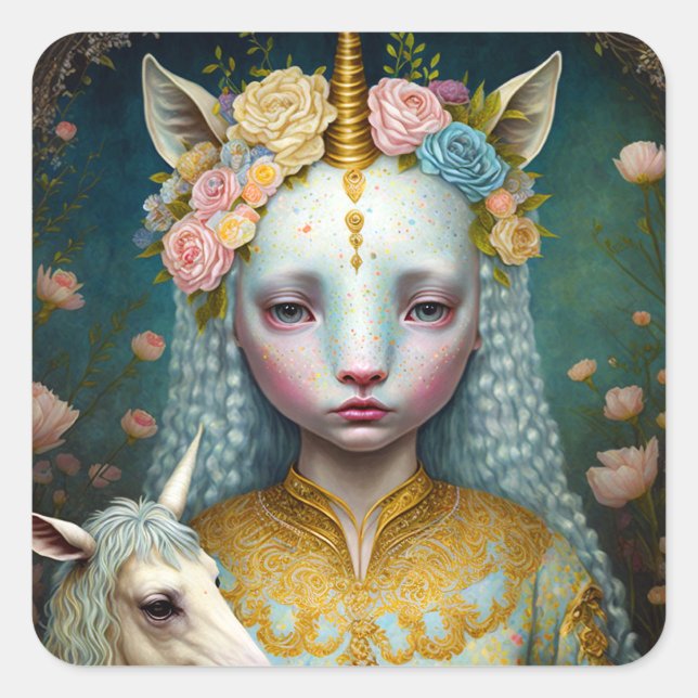 Unicorn Fantasy Art Quadratischer Aufkleber (Vorderseite)