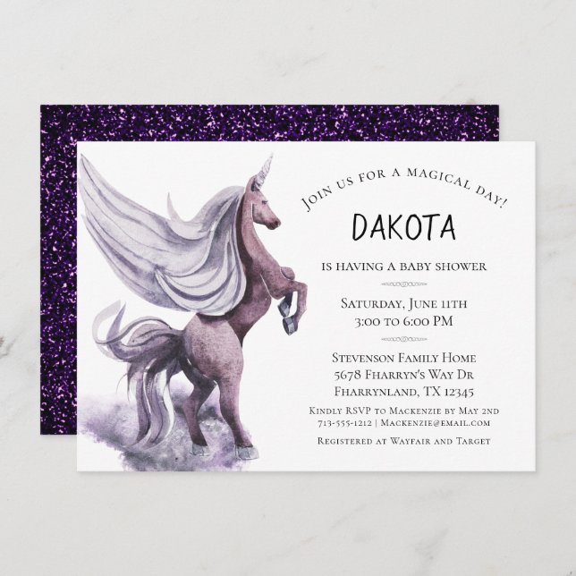 Unicorn Fantasy | Magische Lila Wasserfarbendusche Einladung (Vorne/Hinten)
