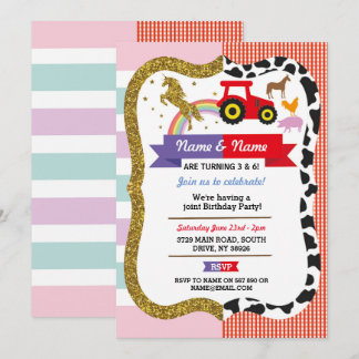 Unicorn & Farm Joint Boy Girl Birthday Farmyard Einladung