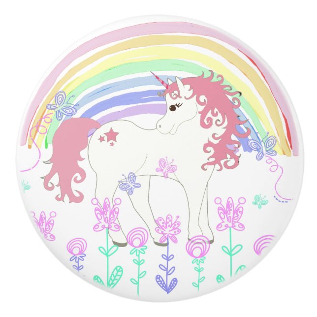 Unicorn-feenhafte Geschichte, Regenbogen, Blumen Keramikknauf (Vorderseite)