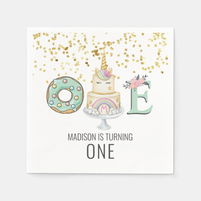 Unicorn First Birthday Gold Aqua Rosa Napkins Serviette (Vorderseite)