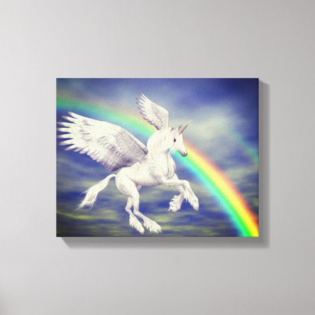 Unicorn fliegen über Regenbogen Fantasy Horse Art Leinwanddruck (Vorderseite)
