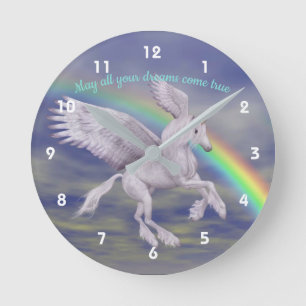 Unicorn fliegen über Regenbogen Träume Fantasiepfe Runde Wanduhr