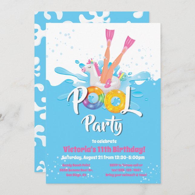 Unicorn Flippers Pool Party Einladung (Vorne/Hinten)