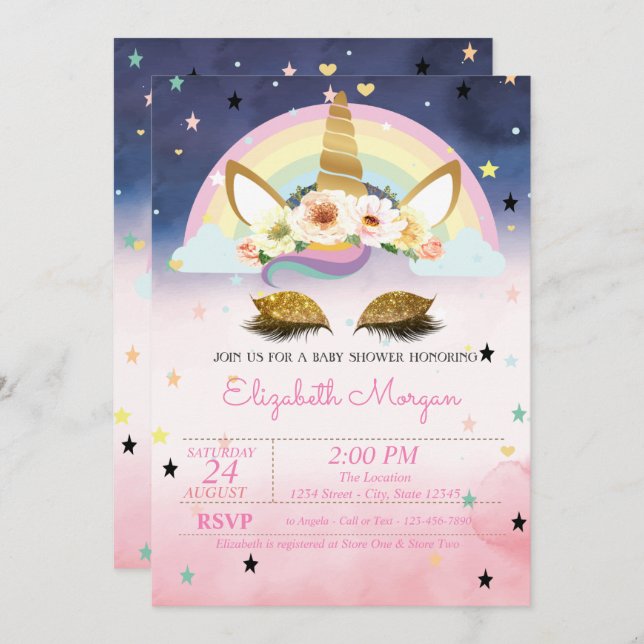Unicorn Floral Rainbow Ombre Baby Shower Einladung (Vorne/Hinten)