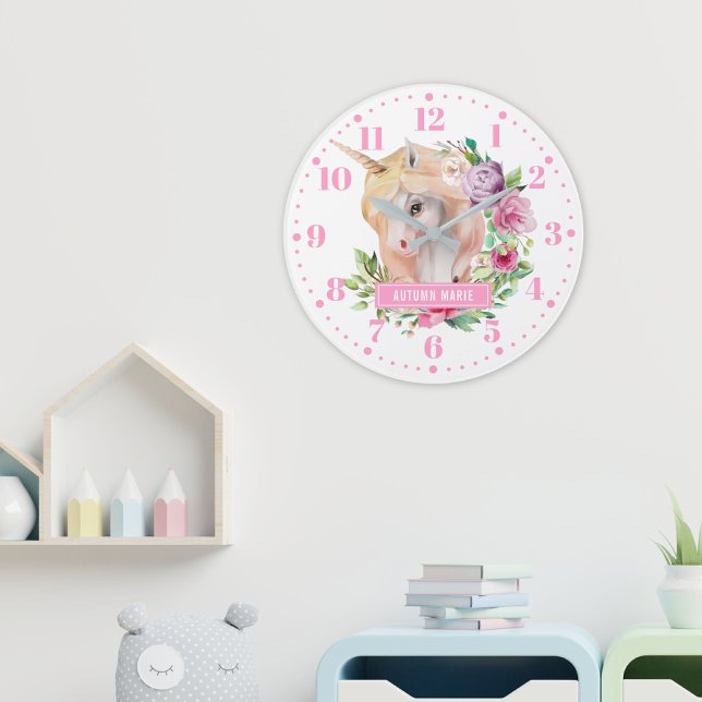 Unicorn florale Kids Wall Clock Große Wanduhr (Von Creator hochgeladen)