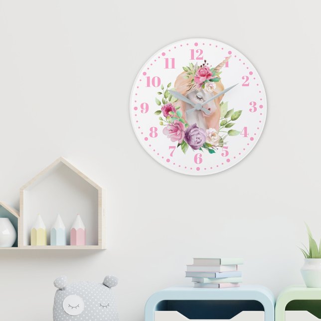 Unicorn florale Kids Wall Clock Große Wanduhr (Von Creator hochgeladen)