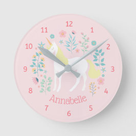 Unicorn & Flowers Pink Personalized Name Runde Wanduhr