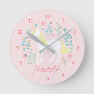Unicorn & Flowers Pink Personalized Name Runde Wanduhr