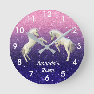 Unicorn Foals Purple Pink Glitter Personalized Runde Wanduhr