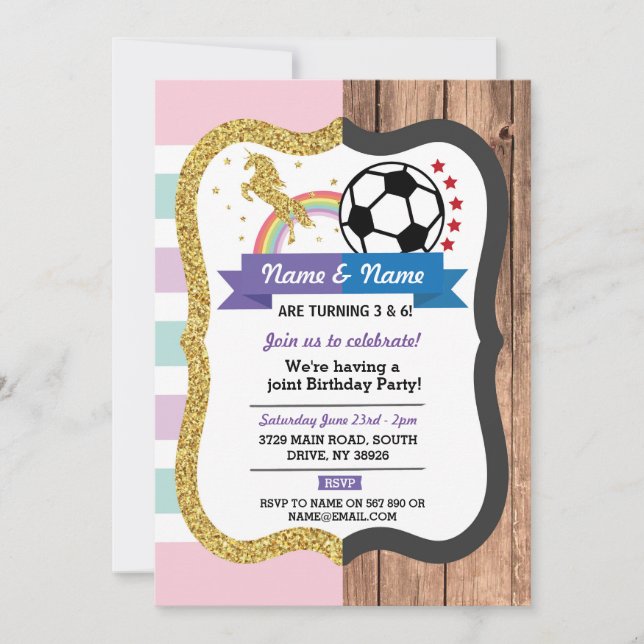Unicorn & Football Joint Birthday Girl Boy Sports Einladung (Vorderseite)