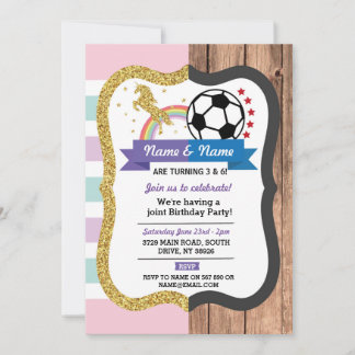 Unicorn & Football Joint Birthday Girl Boy Sports Einladung