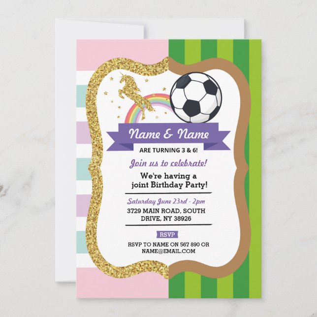 Unicorn & Football Joint Birthday Girl Boy Sports Einladung (Vorderseite)