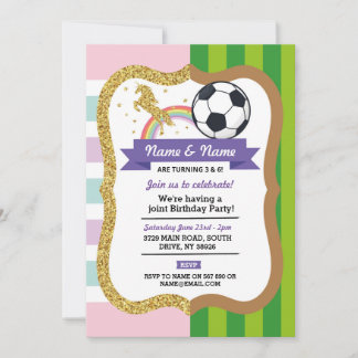 Unicorn & Football Joint Birthday Girl Boy Sports Einladung