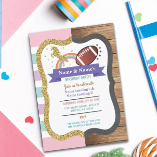 Unicorn & Football Joint Boy Girl Birthday Rugby Einladung