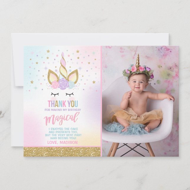 Unicorn-Foto danken Ihnen, rosa GoldUnicorn zu Dankeskarte (Vorderseite)