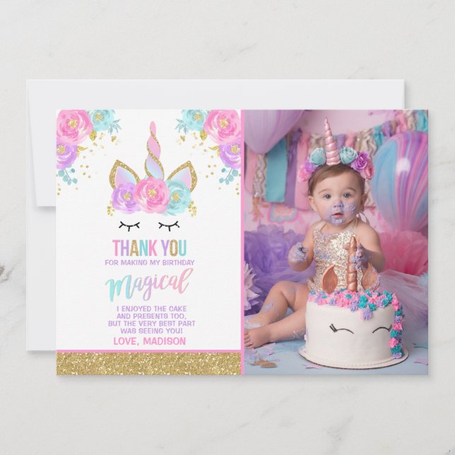 Unicorn-Foto danken Ihnen, rosa GoldUnicorn zu Dankeskarte (Vorderseite)