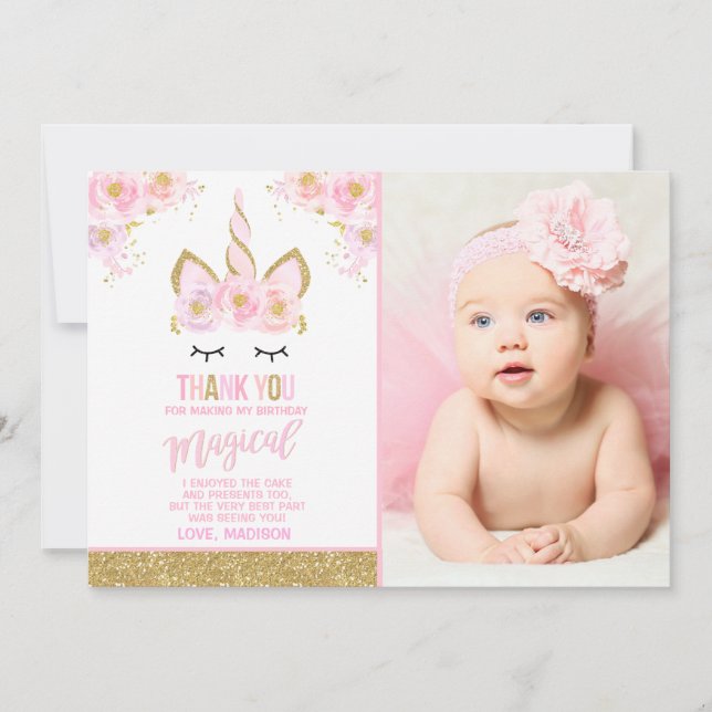 Unicorn-Foto danken Ihnen, rosa GoldUnicorn zu Dankeskarte (Vorderseite)