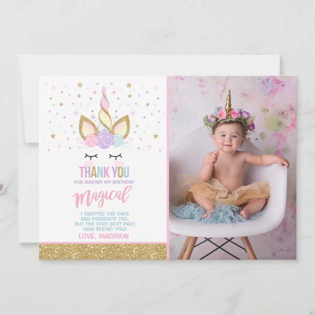 Unicorn-Foto danken Ihnen, rosa GoldUnicorn zu Dankeskarte (Vorderseite)