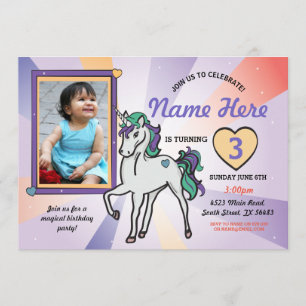 Unicorn-Foto-Geburtstags-Einladungs-lila Herzen Einladung