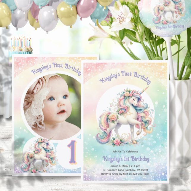 Unicorn Foto Rainbow Pastel Party Einladung (First Birthday Unicorn Photo Rainbow Pastel Party Invitation)