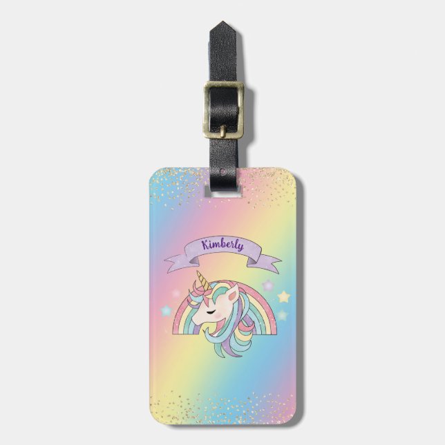 Unicorn & Funkelnd Rainbow Gold Glitzer Individuel Gepäckanhänger (Vorderseite vertikal)