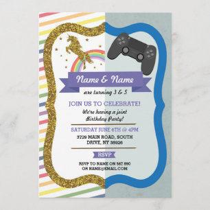 Unicorn & Gaming Joint Boy Girl Birthday Invites Einladung