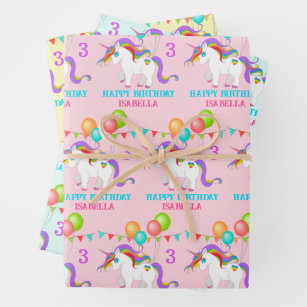 Unicorn Geburtstag Personalisieren Name 3 Farbenfr Geschenkpapier Set