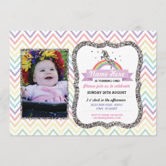 Unicorn-Geburtstags-Foto-Party laden silbernen Einladung