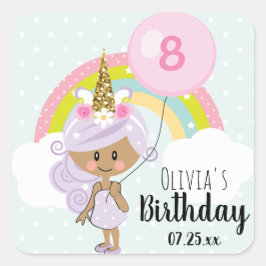 Unicorn Geburtstagsparty danke Ihnen Dark Skin Ton Quadratischer Aufkleber