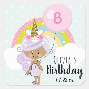 Unicorn Geburtstagsparty danke Ihnen Dark Skin Ton Quadratischer Aufkleber