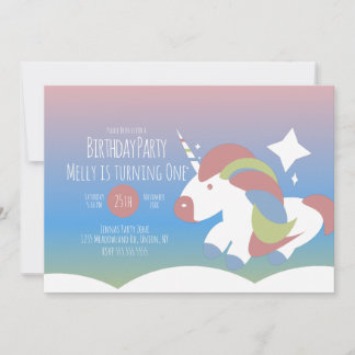 Unicorn Geburtstagsparty Wolken farbenfrohe Glanz Einladung