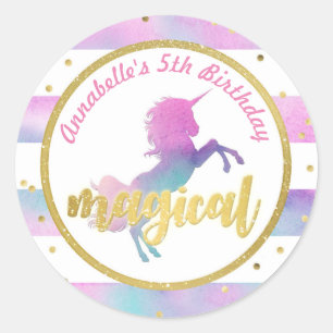 Unicorn Geburtstagsticker   Glitzer Wasserfarbe Runder Aufkleber