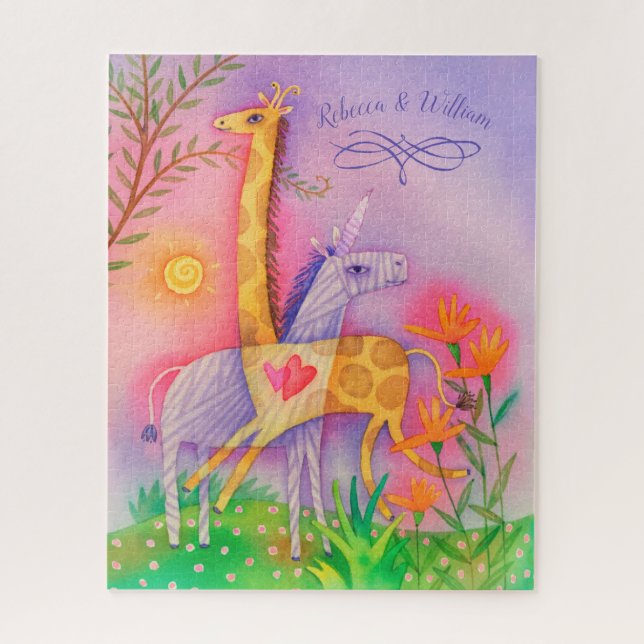 Unicorn-Giraffen-Safari-Liebe mit Monogramm Puzzle (Vertikal)
