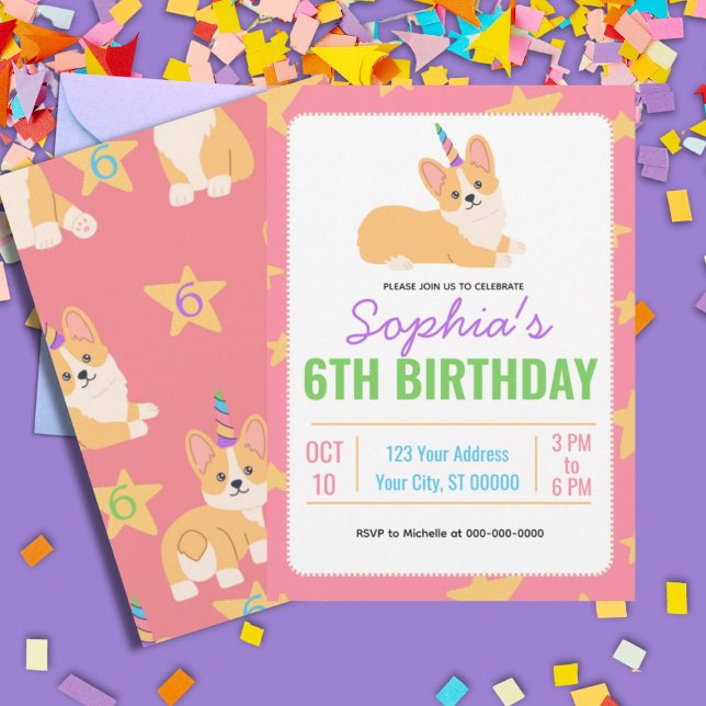 Unicorn Girl Birthday, Corgi Party  Einladung (Von Creator hochgeladen)