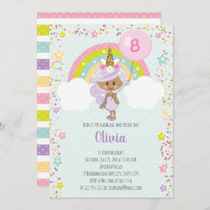 Unicorn Girl Birthday laden jede alte dunkle Haut  Einladung