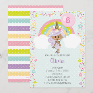 Unicorn Girl Birthday laden jede alte dunkle Haut  Einladung