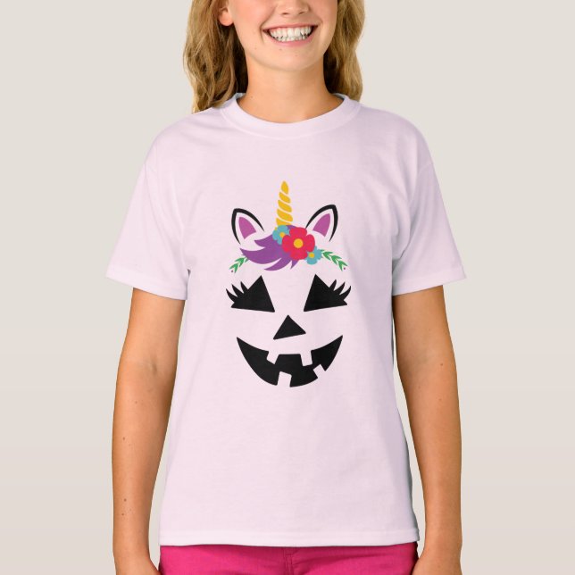 Unicorn Girl Kürbislaterne Pumpkin Face Halloween T-Shirt (Vorderseite)