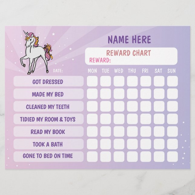 Unicorn Girl Reward Chart Personalisiert Planner Flyer (Vorne)
