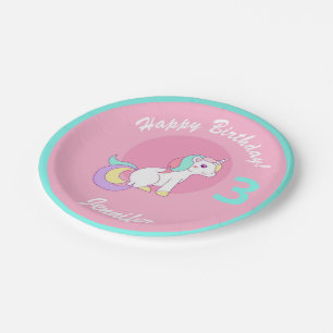 Unicorn Girls Birthday Pink Name & Age Niedliches  Pappteller
