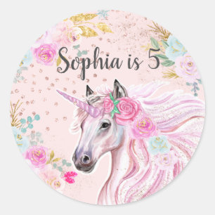 Unicorn Girly Pink Floral Gold Glitzer Name Age Runder Aufkleber