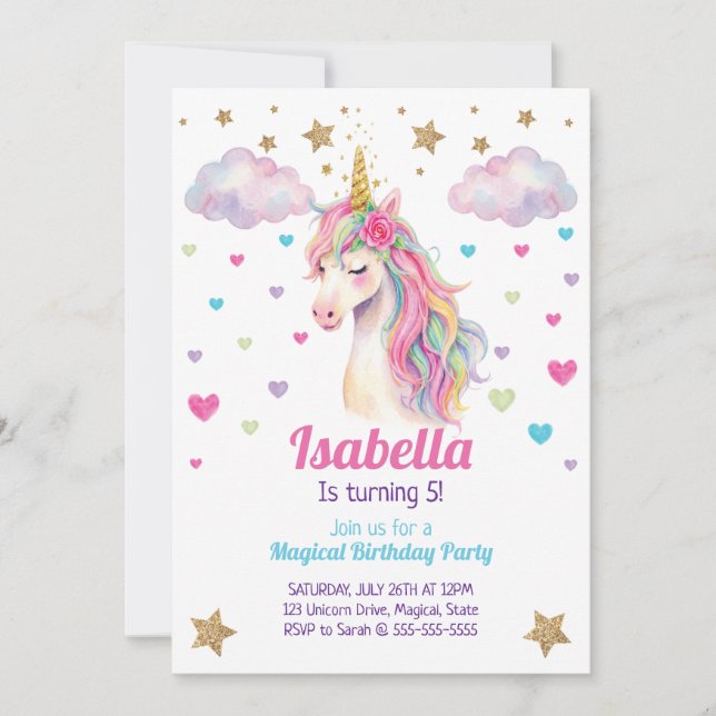Unicorn Glitter Girls Birthday Einladung (Vorderseite)