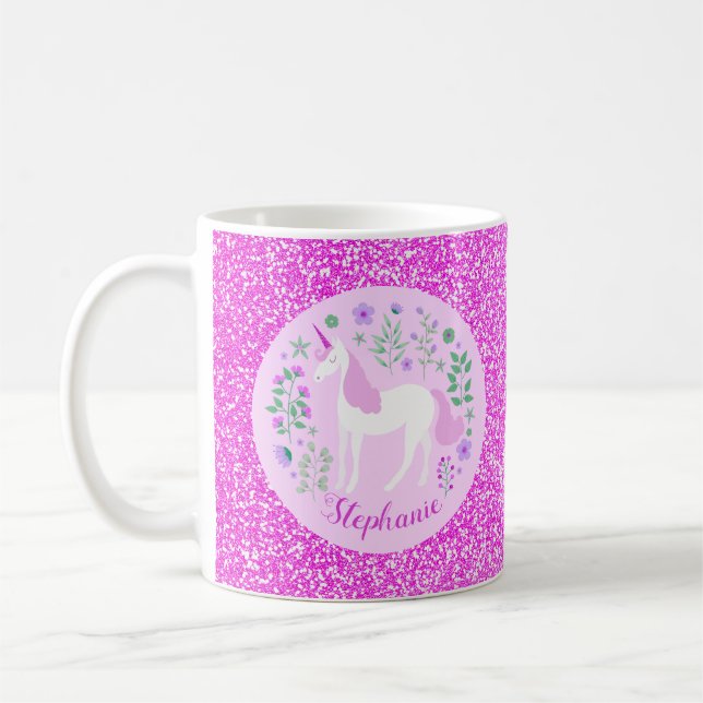 Unicorn Glitzer Personalisierter Name Kaffeetasse (Links)