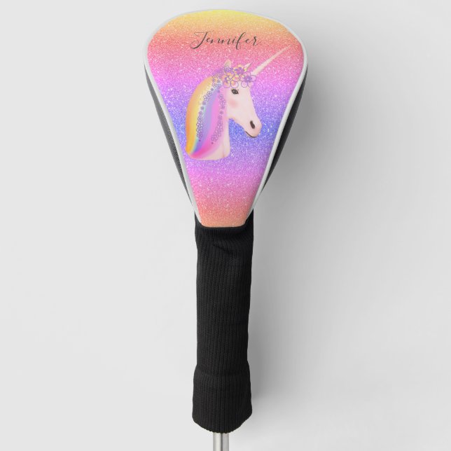 Unicorn Glitzer Rainbow Personalisierter Name Golf Headcover (Vorderseite)