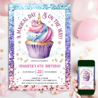 Unicorn Glitzer Regenbogen Cupcake | 6. Geburtstag Einladung