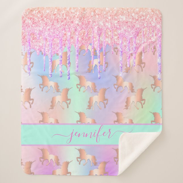 Unicorn Glitzer Regenbogen Rosa Namensskript Sherpadecke (Vorderseite)