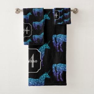 Unicorn Glitzern Aqua-blaues Omermuster Monogram Badhandtuch Set
