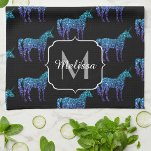 Unicorn Glitzern Aqua-blaues Omermuster Monogram Geschirrtuch