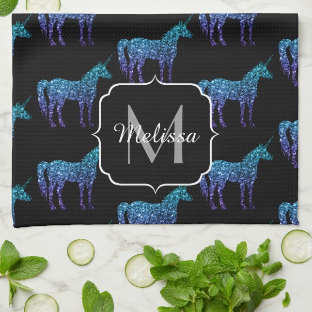 Unicorn Glitzern Aqua-blaues Omermuster Monogram Geschirrtuch (Gefaltet)