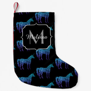 Unicorn Glitzern Aqua-blaues Omermuster Monogram Kleiner Weihnachtsstrumpf